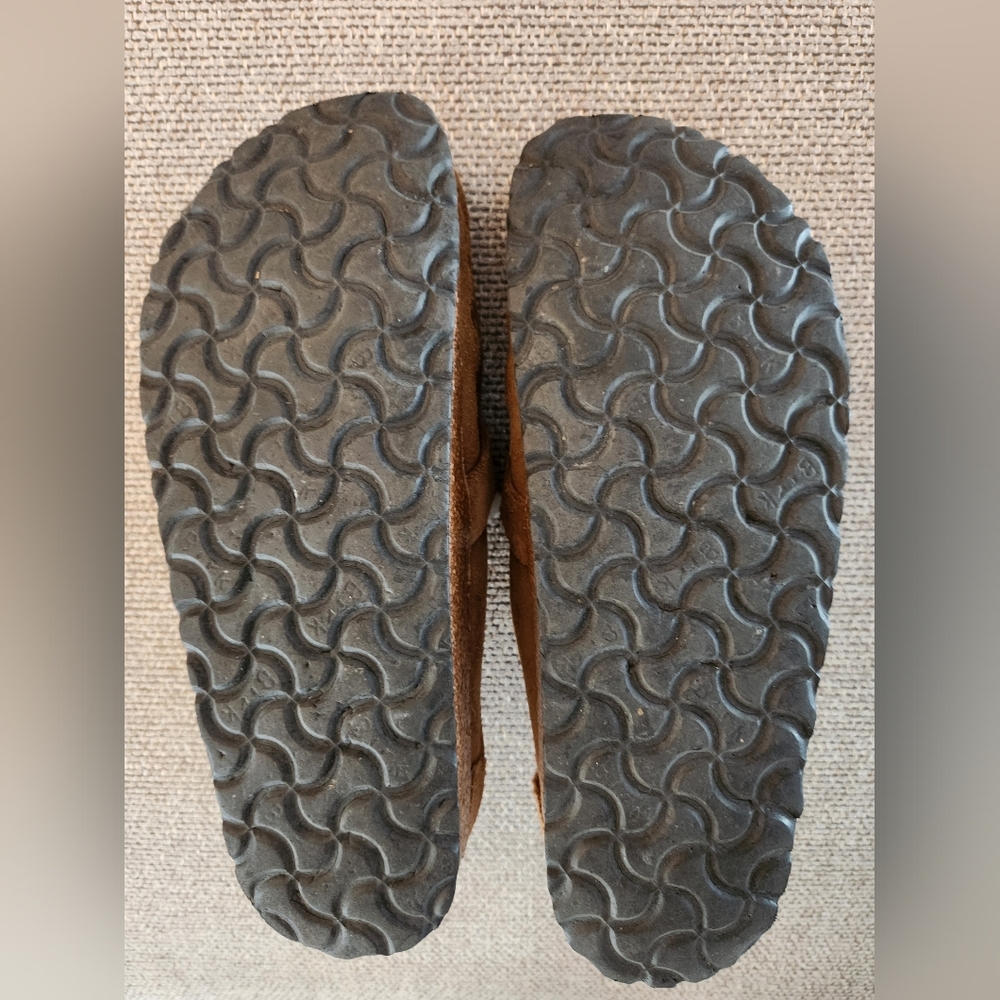 Birkenstock Tan Suede Shearling-Lined Clog Mules with Buckle - Picture 10 of 10